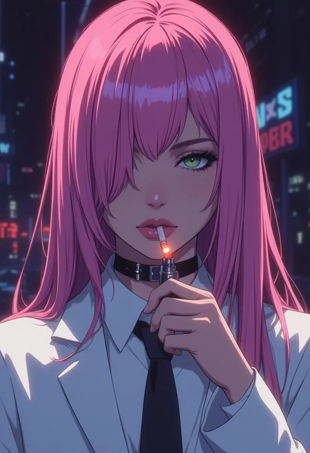 (8k resolution, score_9, score_8_up, score_7_up, absolute masterpiece, ultra detailed, best quality, masterpiece, colorful, highest detailed), (intricate details), (dynamic angle),1woman, solo, long hair, pink hair, black choker, green eyes, one eye covered by hair,  eyeliner, gorgeous lips, white suit, tie, office lady, looking down, cigarette in her mouth, holding lighter, lighting cigarette, night, face lit by lighter, cinematic, (masterpiece), (best quality), (ultra-detailed), very aesthetic, illustration, perfect composition, intricate details, constricted waist, lips, Sexy mouth, high pointed nose, (nostrils:1.3), neatly drawn nose, beautiful fingers, close up, face focus, front view