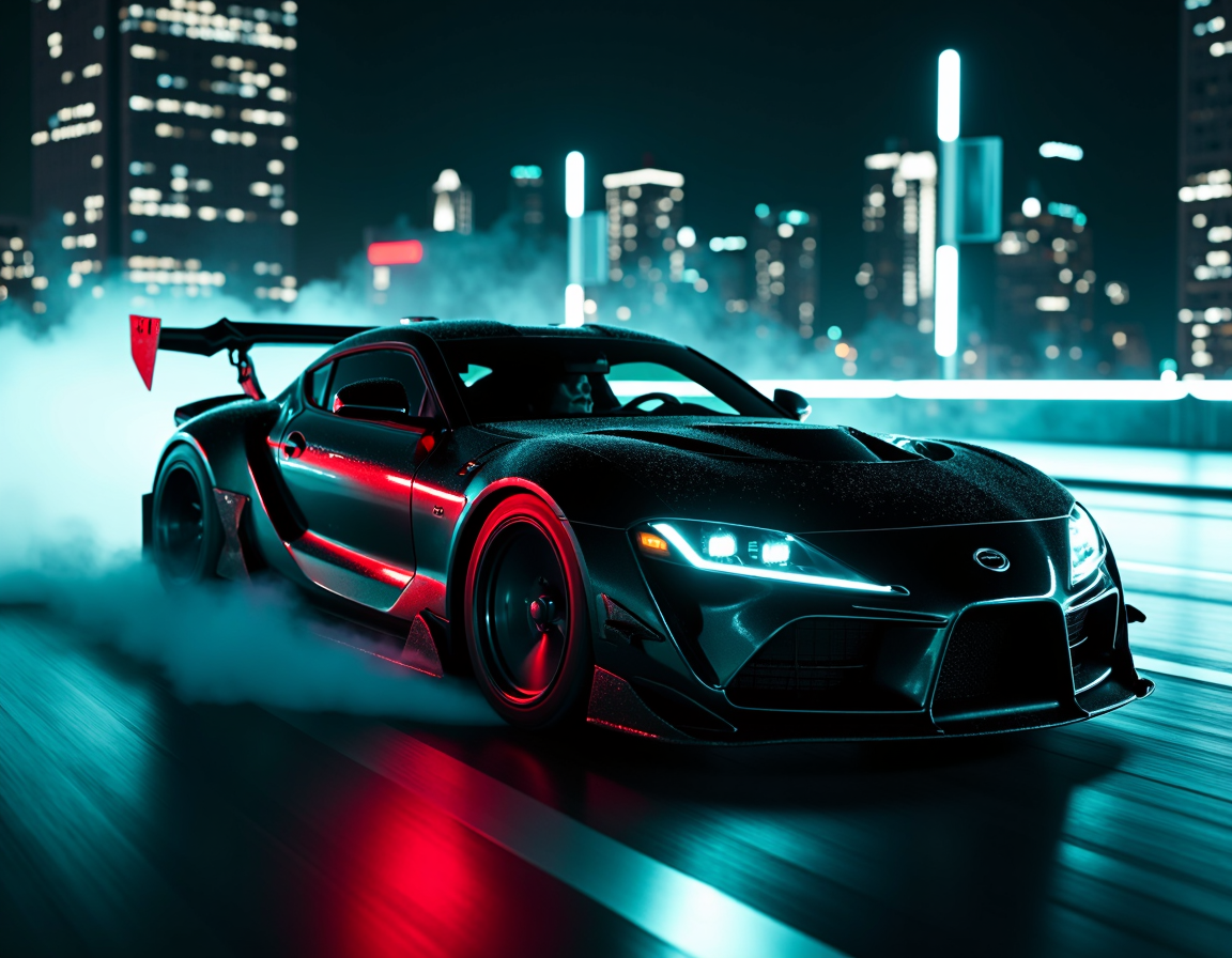 cinematic film still cyberpunk sportscar riding into a dark neon lighted city, amazing details, masterpiece, high quality photography, 3 point lighting, flash with softbox, 4k, Canon EOS R3, hdr, smooth, sharp focus, high resolution, award winning photo, 80mm, f2.8, bokeh . shallow depth of field, vignette, highly detailed, high budget, bokeh, cinemascope, moody, epic, gorgeous, film grain, grainy, (Highest Quality, 4k, masterpiece, Amazing Details:1.1), film grain, Fujifilm XT3, photography,