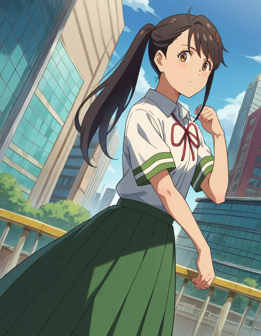 score_9, score_8_up, score_7_up, source_anime,
suzumeiwato, <lora:suzume-iwato-ponyxl-lora-nochekaiser:1>,
suzume iwato, long hair, black hair, hair ornament, brown eyes, hairclip, ponytail,
skirt, shirt, ribbon, school uniform, white shirt, red ribbon, green skirt, long skirt,
outdoors, cityscape,
looking at viewer, dutch angle, cowboy shot,