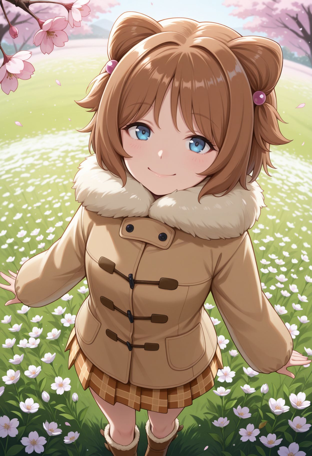 masterpiece,best quality,absurdres,highres,very aesthetic,high quality,detailed,insanely detailed,beautiful,perfect lighting, looking at viewer, outdoors,cherry blossoms,standing,cowboy shot,smile, flower field, from above ,
<lora:Yuko illu:1> 1girl, short hair, brown hair, blue eyes, hair ornament brown coat, fur trim, , long sleeves, plaid skirt, fur collar, hair bobbles, pleated skirt, brown footwear