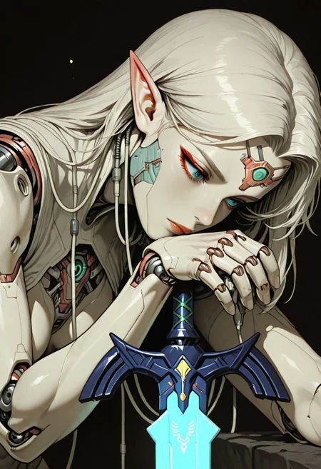 Detailed Upper Body Shot Closeup in the style of ckpf, 1girl, rising arm, Female Version of Link from Zelda, resting Hand on the hilt of a giant master sword, high Quality, masterpiece, two toned, detailed mechanical parts and cyberpunk Joints, intricate wires and cables, DARK and dystopian, monochrome with color spots, fine Line Art, fast drawing, intricate drawing, Manga, high contrast, Yūsuke Murata