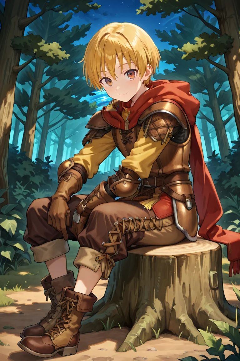 <lora:Canaan:0.9> , CaDef, solo, 1boy, brown eyes, short hair, blonde hair, red hood, hood down, shoulder pads, elbow pads, armor, brown pants, capri pants, brown armor, cross-laced clothes, yellow sleeves, brown gloves, gloves, armored boots, brown boots, boots, full body, sitting, on stump, smile, closed mouth, exterior, night, forest, looking at viewer, solo, masterpiece, very aesthetic, absurdres, best quality, amazing quality, high resolution, detailed background, <lora:illustrious_quality_modifiers_masterpieces_v1:0.8> , <lora:ChamIllustriousBackgroundEnhancer:0.5>
