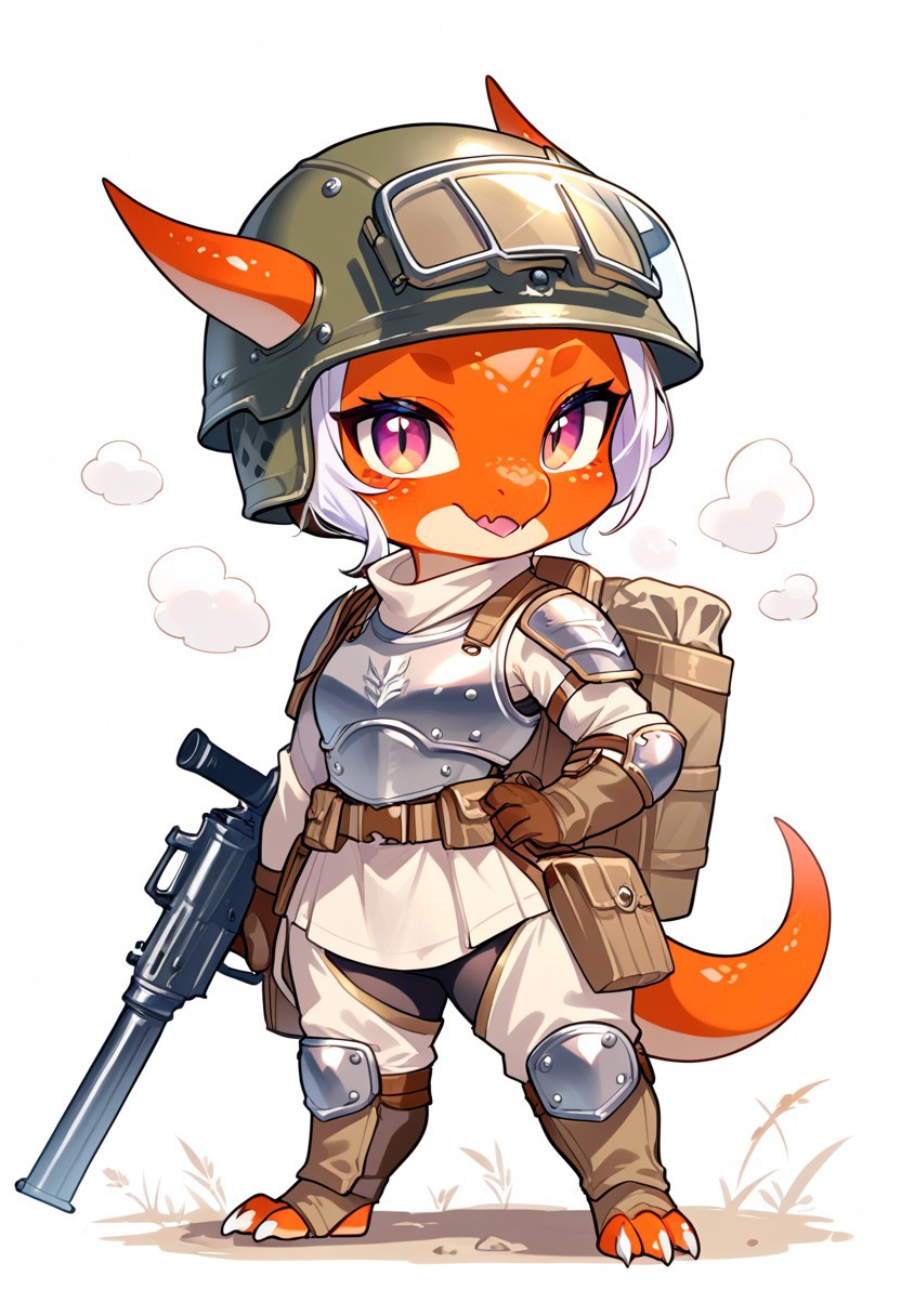 score_9, score_8_up, score_7_up, source_cartoon, cute chibi kobold, chibi body, body armor, combat gloves, combat helmet, looking at viewer,  SomSom Style