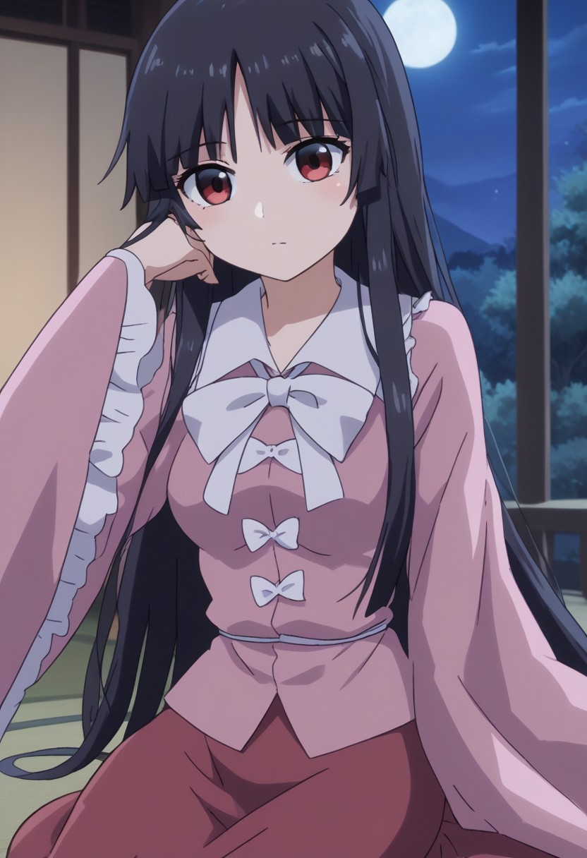 1girl, solo, short sleeves, 1girl, kaguya, touhou, pink_shirt, long_sleeves, wide_sleeves, red_skirt, hime_cut, collared_shirt, long_skirt, sidelocks, jeweled_branch_of_hourai, (pink dress:1.5), sitting, adjusting hair, front, view, looking at viewer, shy, cute, cartoon, anime, anime screenshot, high quality, looking at viewer, anime coloring, houraisan kaguya, Japanese room, night, night sky, full-moon, medium breasts