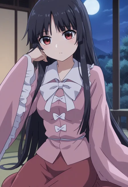 1girl, solo, short sleeves, 1girl, kaguya, touhou, pink_shirt, long_sleeves, wide_sleeves, red_skirt, hime_cut, collared_shirt, long_skirt, sidelocks, jeweled_branch_of_hourai, (pink dress:1.5), sitting, adjusting hair, front, view, looking at viewer, shy, cute, cartoon, anime, anime screenshot, high quality, looking at viewer, anime coloring, houraisan kaguya, Japanese room, night, night sky, full-moon, medium breasts