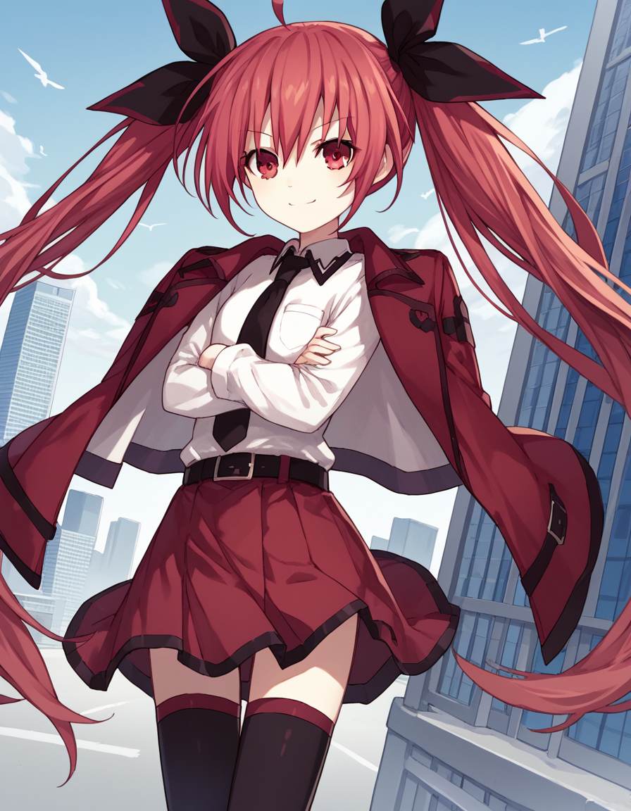 score_9, score_8_up, score_7_up, source_anime,
kotoriitsuka, <lora:kotori-itsuka-lightnovel-ponyxl-lora-nochekaiser:1>,
kotori itsuka, long hair, red eyes, twintails, very long hair, red hair, ahoge, ribbon, hair ribbon,
skirt, shirt, thighhighs, school uniform, jacket, white shirt, necktie, belt, black thighhighs, zettai ryouiki, red skirt, jacket on shoulders, red jacket, long sleeves, white sleeves,
outdoors, cityscape, crossed arms, smile,
looking at viewer, solo, cowboy shot, dutch angle,