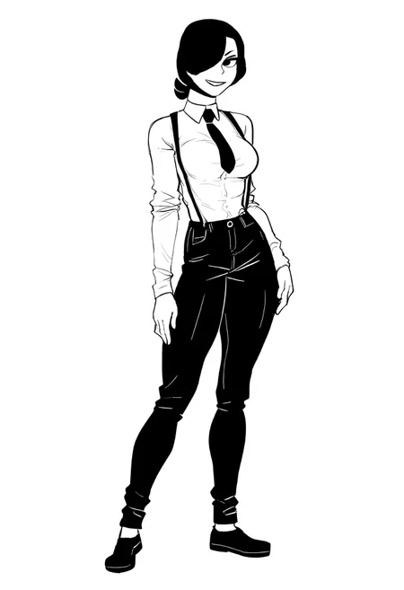 <lora:NilaTelepurtev1.0:0.8> (zPDXL2), score_9, score_8_up, score_7_up, source_cartoon, nila_telepurte, 1girl, solo, human, white skin, medium hair, short ponytail, hair over one eye, suspenders, long sleeves, necktie, medium breasts, jeans, (shoes:1.2) BREAK full body, standing, looking at viewer, smile, teeth BREAK monochrome, white background