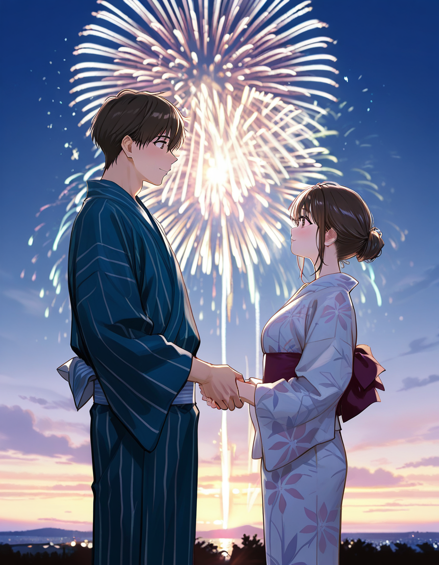 score_7_up, anime BREAK official art, solo, 1girl, one girl, 
<lora:hanabitaikai:0.9>, hanabitaikai, 
hanabitaikai, fireworks, 1girl, japanese clothes, kimono, 1boy, night, yukata, obi, sky, sash, looking at another, night sky, outdoors, hetero, aerial fireworks, from side
(masterpiece:1.3), best quality, high resolution, unity 8k wallpaper, extremely detailed CG, 8K, (watercolor \(medium\), muted color, sketch:1.1), perfect anatomy, highly finished, masterpiece, best quality, high quality, amazing quality, great quality, very aesthetic, ultra detailed, highres, absurdres, highly detailed, highly detailed background,