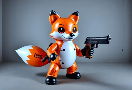latex inflatable fox, robbing a bank with a gun