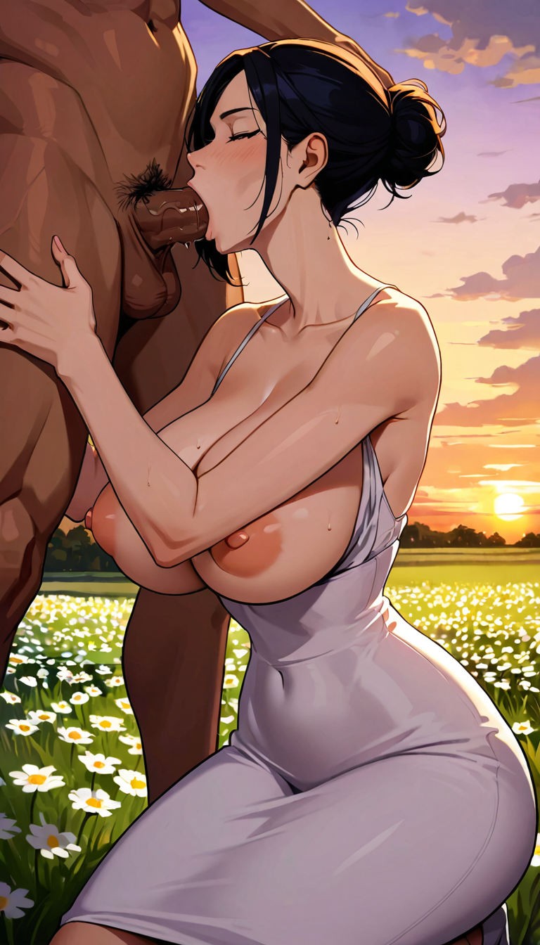 summer dress, pretty face, big breasts, narrow waist, breasts out, penis, fellatio, deepthroat, detailed background, outside, meadow, sunset, flowers