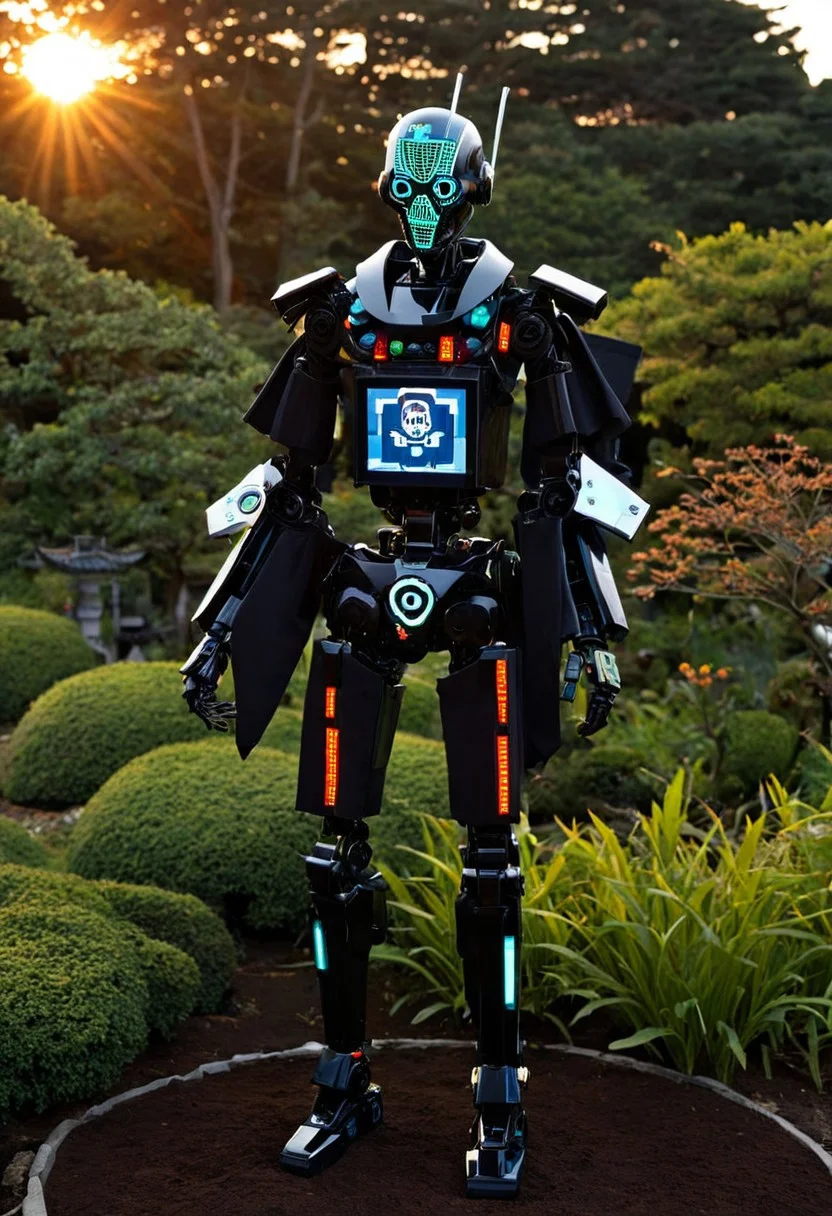 (pixel face, screen face, hologram), (Organic Macabre Android , Organic Macabre robot body ), helmet, formal kimono , tending a Organic Macabre Japanese garden, sunset