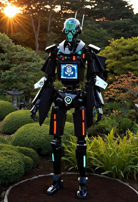 (pixel face, screen face, hologram), (Organic Macabre Android , Organic Macabre robot body ), helmet, formal kimono , tending a Organic Macabre Japanese garden, sunset