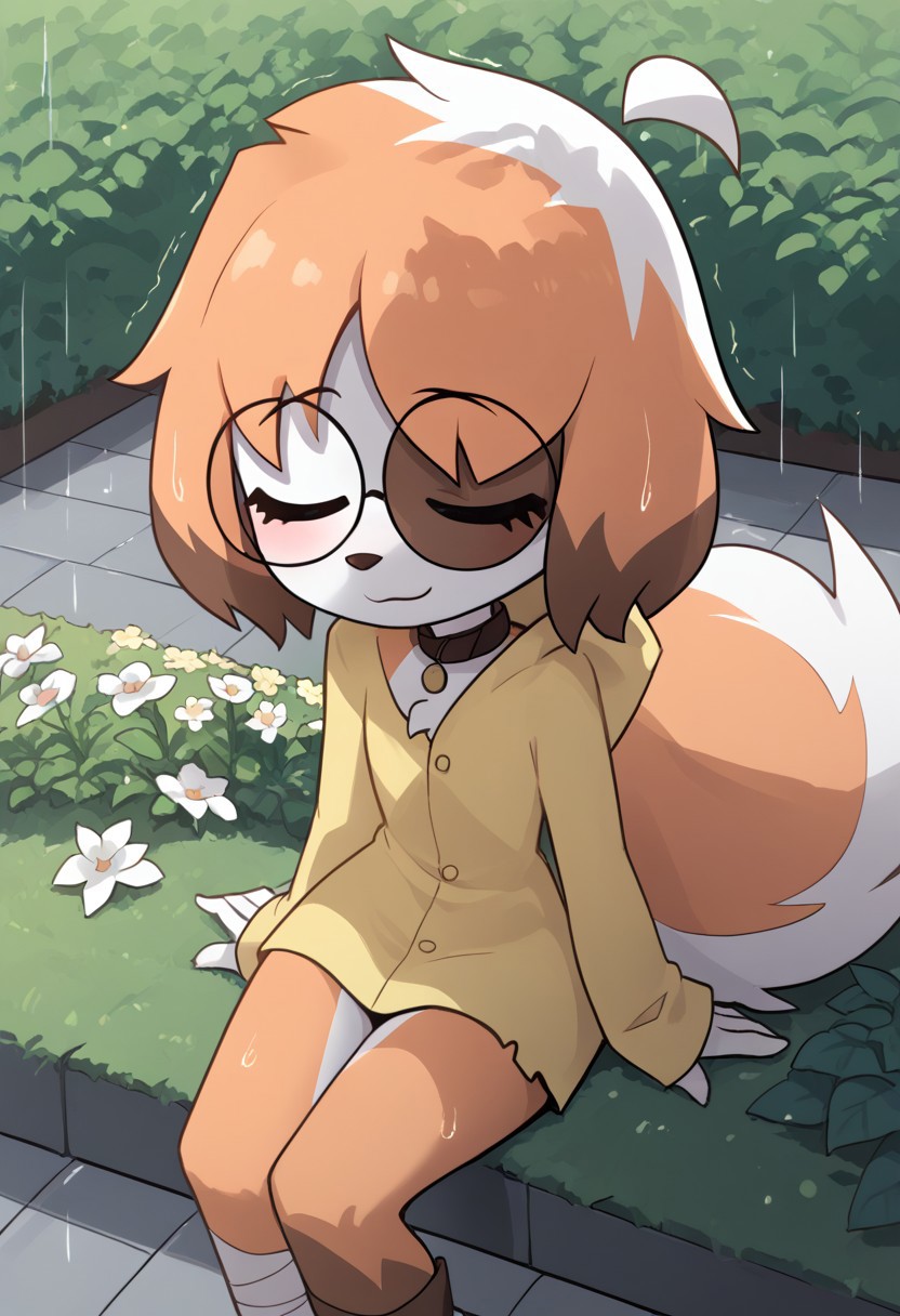 Expressiveh, score_9, score_8_up, score_7_up, score_6_up, score_5_up, best quality, high quality, good anatomy, high res, nice shading, nice angle, outdoor, 1girl, solo, sol, furry, animal ears, dog ears, tail, white tail, orange tail, ahoge, short hair, multicolored hair, orange hair, white hair, blush, skinny, cute face, sunglasses, round eyewear, hood, hood up, collar, bandaged legs, sad, smile, raining, garden, sit on face, flower, sleep, closed eyes