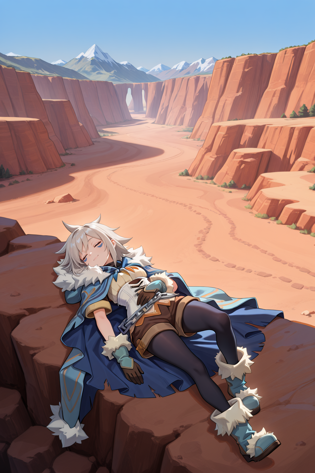 masterpiece, very aesthetic, absurdres, best quality, amazing quality, high resolution, <lora:illustrious_quality_modifiers_masterpieces_v1:0.8> , <lora:ChamIllustriousBackgroundEnhancer:0.5>,   <lora:MilanorIL:0.8> , miladef, 1boy, grey hair, spiked hair, blue facial mark, fur trim, blue cloak, white corset, gloves, chain belt, brown shorts, leggings under shorts, black leggings, blue footwear, full body, exterior, outdoors, canyon, mountains, cliffs, valleys, wasteland, resting, on back, lazy, sleeping, full body, seductive, smile, closed mouth,