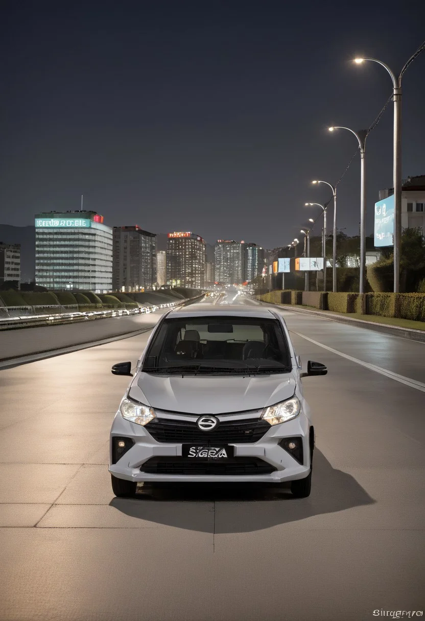 high resolution, best quality, Car, Daihatsu Sigra, Highway overpass, evening, city lights,