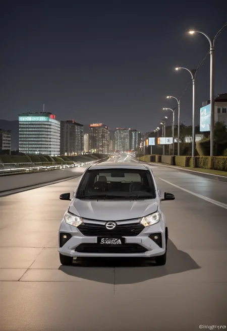 high resolution, best quality, Car, Daihatsu Sigra, Highway overpass, evening, city lights,