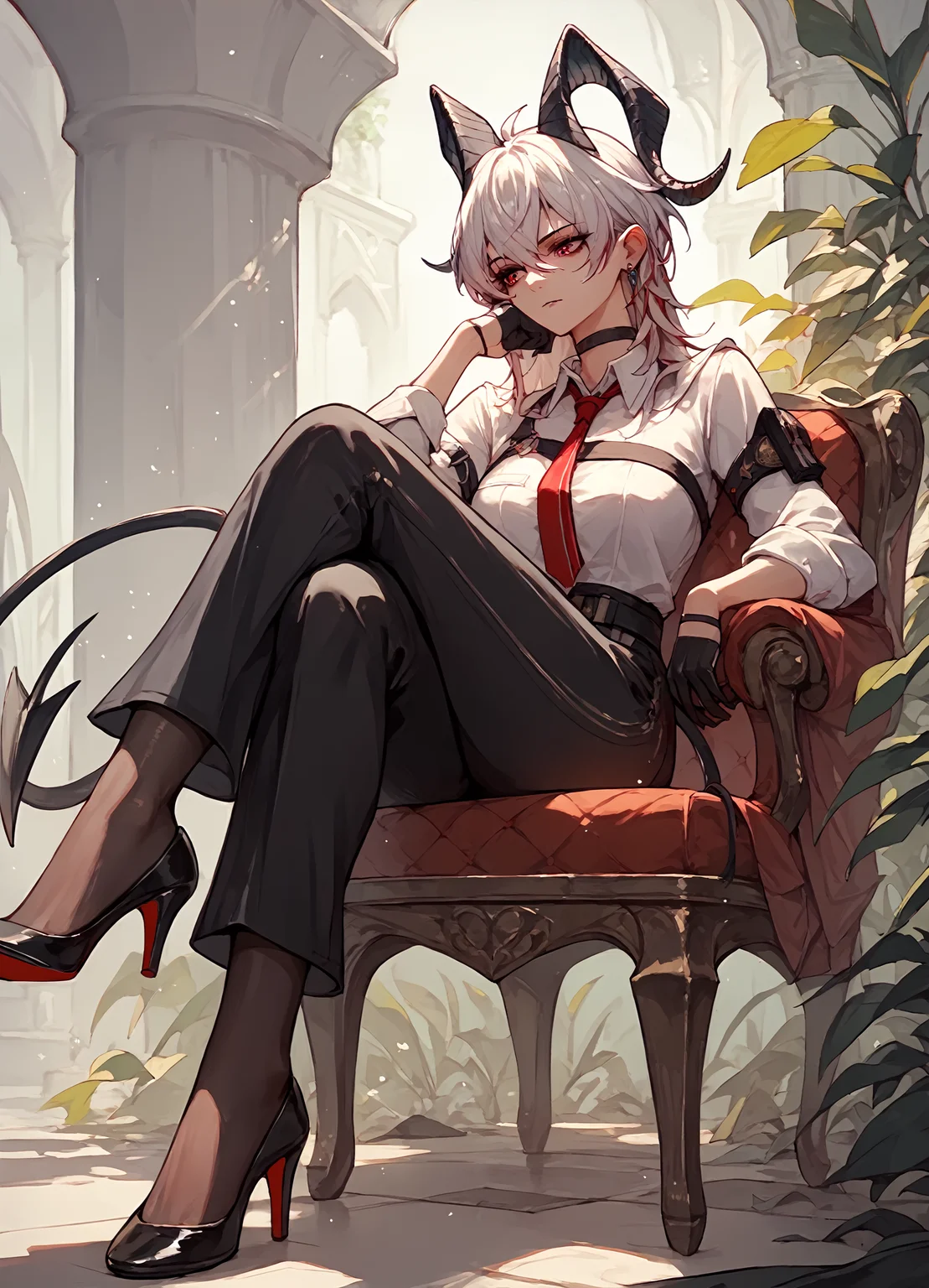 (score_9, score_8_up, score_7_up), 1girl, zani, demon horns, black choker, red necktie, chest strap, half gloves, demon tail, black pants, black pantyhose, black heels, sitting, crossed legs, <lora:zani-wwPO-v1:0.9>