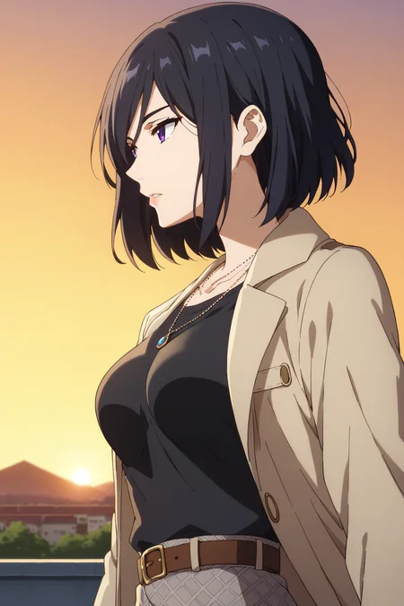 score_9, score_8_up, score_7_up, source_anime, 1girl, prefect lighting, very aesthetic, intricate details, highly detailed background, masterpiece, high quality, prefect hands, best quality, solo,
<lora:Izumi_Nase_Beyond_The_Boundary_V1:.85>, kjoizumi, black hair, purple eyes, medium hair, hair between eyes, mole under mouth,
beige trench coat, black shirt, necklace, grey skirt, belt,
from side, looking away, expressionless, parted lips,
rooftop, sunset, sunbeam,
(Beautiful, medium Breasts:1.2), natural breasts,