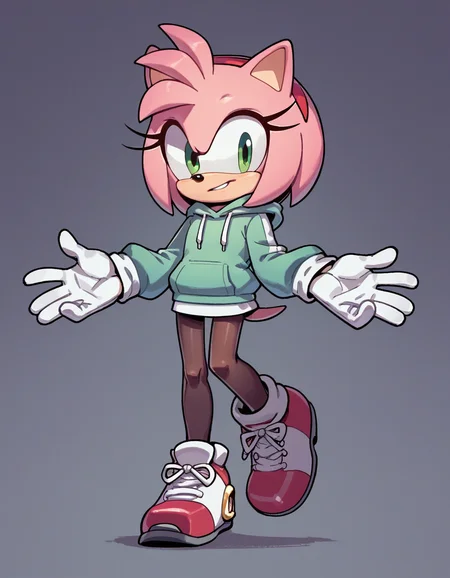 score_9, score_8_up, score_7_up, score_6_up, score_5_up, score_4_up, 1girl, solo, 
<lora:EvanStan:0.8> evnstnly, hoodie dress, pantyhose, sneakers, white gloves, amy rose, pink fur, green eyes, body fur, hedgehog ears, hedgehog tail, flat chest, petite,