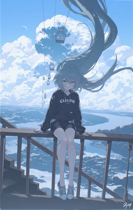 very long hair floating upward,windyThe image is an illustration of a young woman sitting on a wooden platform with a cable car in the background. The woman is wearing a black jacket shorts and sneakers. The background is a blue sky with white clouds and a large wave-like formation, 1girl,bare legs,black jacket,black shirt,black shorts,blouse,bob cut,cloud,cloudy sky,dutch angle,flying whale,jacket,ligne claire,long sleeves,multicolored eyes,on railing,power lines,railing,shirt,shoes,short shorts,shorts,signature,sitting,sky,sneakers,solo,stairs,utility, hfu1,   <lora:Hair_floating_up-000008:.6>  <lora:aesthetical_epoch_3:1> b74_aes <lora:AnimeLight-v2-000103:.4>