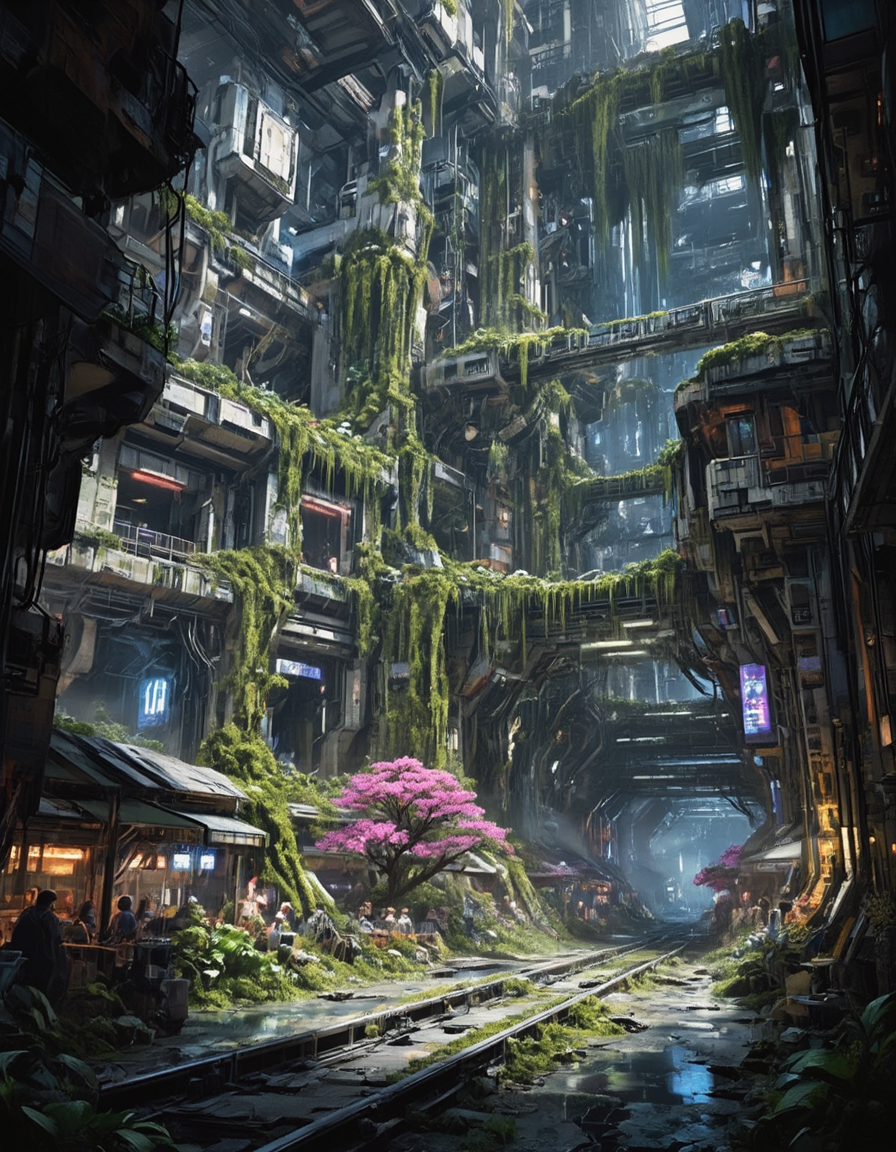 <lora:SWL_Underground1flux:1> swlu1, cyberpunk, underground, futuristic, abandoned, image2, photo of a colossal underground megastructure adapted into a semi-abandoned yet thriving ecosystem, cinematic lighting, side alley perspective. Towering modular arcologies rise with intricate details, their brutalist sci-fi facades softened by thick layers of hanging moss, ivy, and brilliant pink blooming vines. Artificial structures are overtaken by cascading vegetation, with plant life spilling from windows and ducts. Below, makeshift market stalls and communal gathering areas sprawl across cracked transit rails, puddles reflecting soft neon lights from flickering signs above. Small groups of inhabitants sit at open workstations, lit by cool blue and magenta overhead lighting, suggesting a post-collapse yet functional society. The light beams gently cascade from unseen skylights far above, catching drifting dust particles, casting atmospheric glow and soft shadows. Mid-volume fog adds mystique and scale. The environment hums with quiet life, nature and machine merged in visual harmony. Glimpses of past civilization blend with rebirth, enhanced by deep architectural complexity, layered platforms, and overgrown scaffolding. Cinematic realism, dynamic environment, intimate yet expansive visual storytelling.