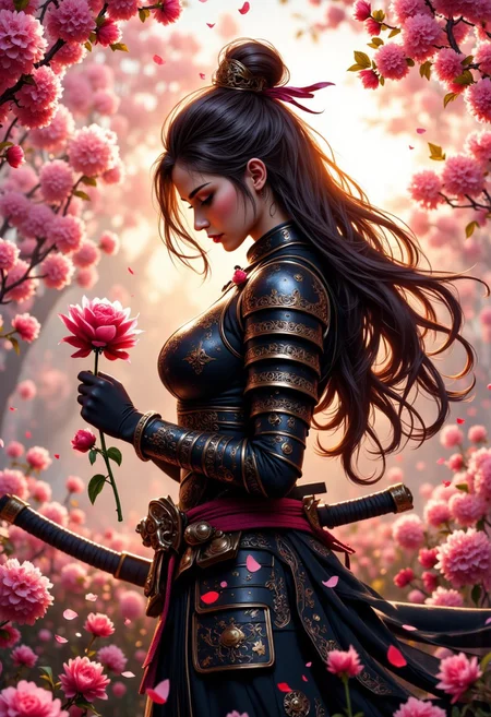 A female ronin in ornate samurai armor stands amidst a field of blooming cherry blossoms. The ronin holds a single rose delicately in her gauntleted hand, gazing down at it with a soft expression. Her long, flowing hair is adorned with small rose petals, carried by a gentle breeze. At her side, a large katana decorated with intricate engravings of roses rests against her leg. The sunlight filters through the petals, casting a warm, golden glow over the scene, enhancing the romantic yet powerful atmosphere. <lora:dark_fantasy_flux:0.83> <lora:FredFraiStyle-FLUX-Share:0.63>, <lora:FluxMythP0rtr4itStyle:0.33> mythp0rt