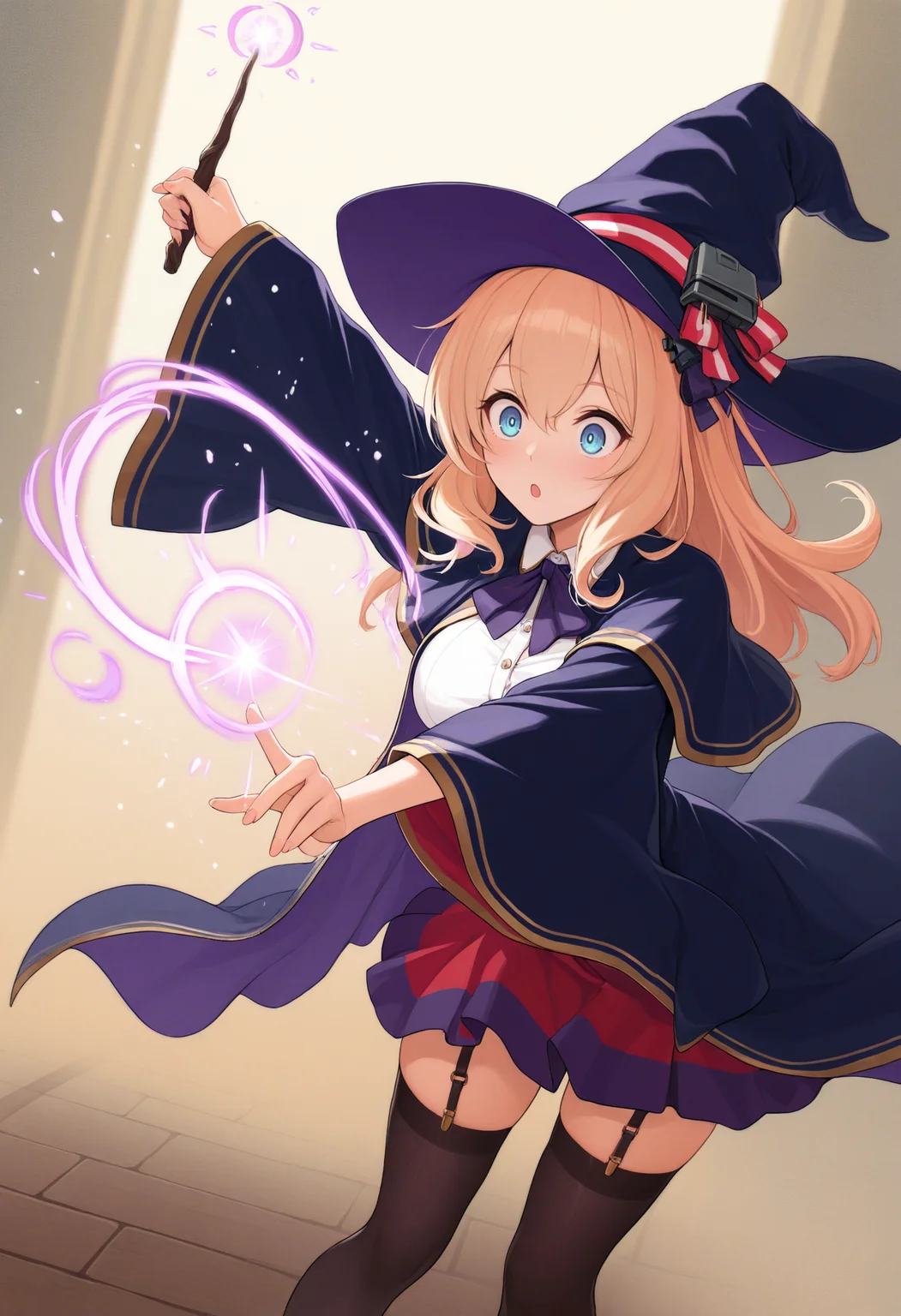 safe, (masterpiece, very aesthetic:1.2), fantasy library
BREAK 1girl, leandernai, wizard hat, wizard robe, wand, magic user, casting spell, surprise
<lora:Leander_NAIXL_v10:0.8>