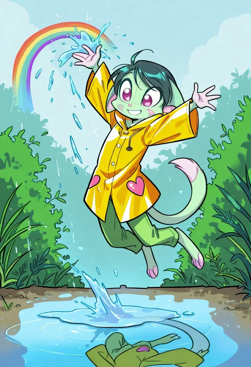 score_9, score_8_up, score_7_up,lilith_calah,
1girl,solo,furry,tail,dark green hair, source_furry,
,<lora:lilith_calah_illustrious:0.8>,
child, kid,
in a frog-shaped raincoat jumping into a puddle, creating a heart-shaped splash under a rainbow, raincoat, jumping, puddle, splash, heart_shape, rainbow, smile, short_hair, outdoor, cheerful, rosy_cheeks.