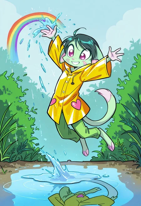 score_9, score_8_up, score_7_up,lilith_calah,
1girl,solo,furry,tail,dark green hair, source_furry,
,<lora:lilith_calah_illustrious:0.8>,
child, kid,
in a frog-shaped raincoat jumping into a puddle, creating a heart-shaped splash under a rainbow, raincoat, jumping, puddle, splash, heart_shape, rainbow, smile, short_hair, outdoor, cheerful, rosy_cheeks.