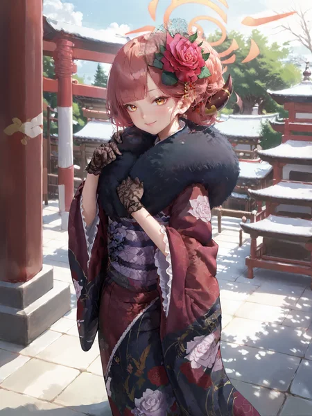1girl, aru \(blue archive\), solo, fur-trimmed kimono, lace gloves, horns, hair flower, halo, obi, sash, tabi, single hair bun, standing, cowboy shot, hands on own chest, light smile, east asian architecture, outdoors, blurry background, masterpiece <lora:Char-BlueArchive-Aru-Pony-V1:0.9>, score_9, score_8_up, score_7_up, source_anime