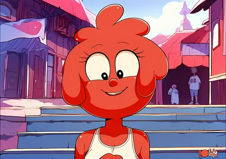 <lora:OnceuponATime_pony_v4:1> animation style of onceuponatime, a cartoon image of a RED girl ouatglobin, score_9, score_6_up, score_7_up