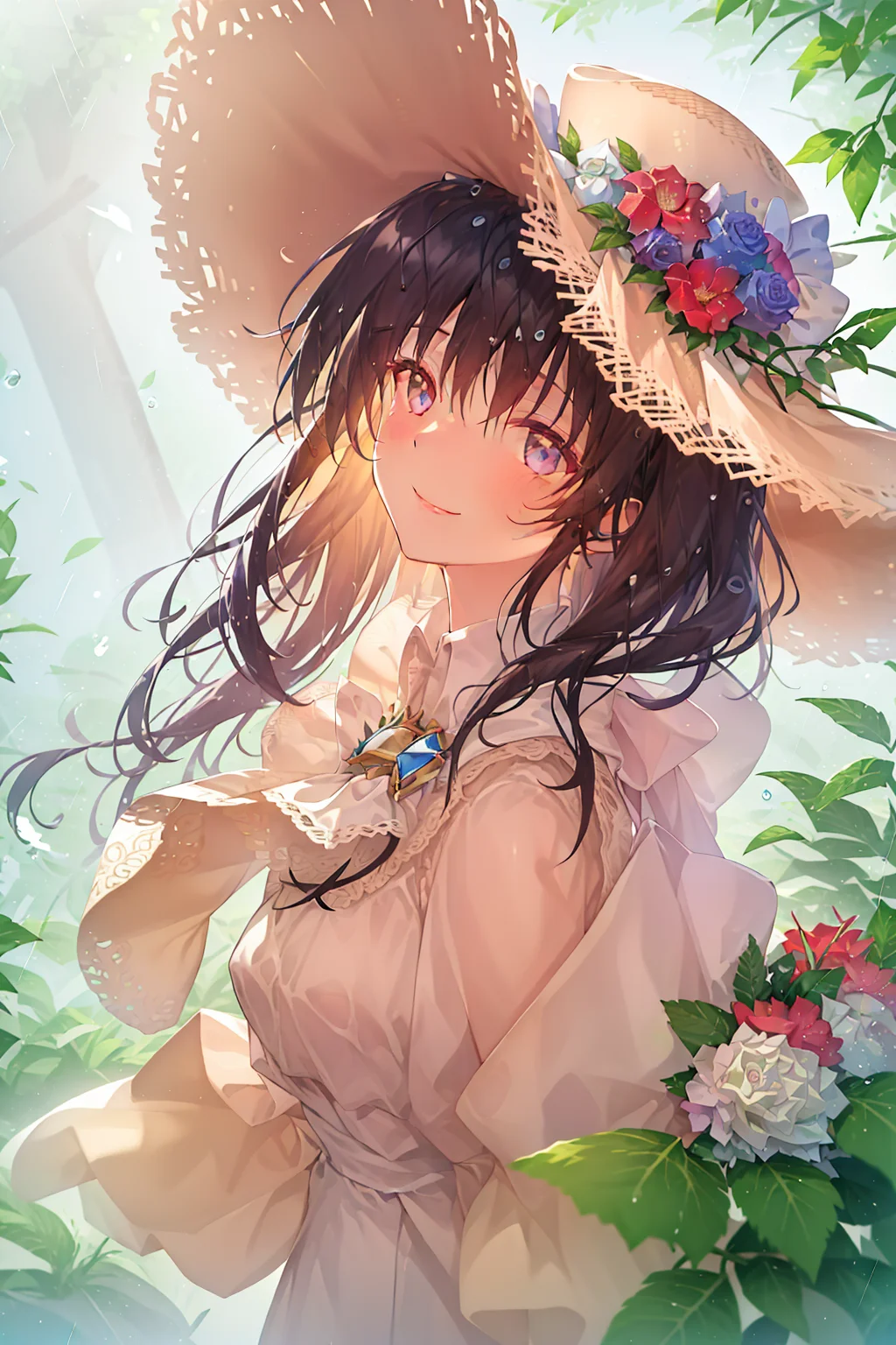art by Cornflower, dreamy,
(1girl, bangs, blue_flower, blue_ribbon, blue_rose, brooch, closed_mouth, flower, gem, hair_between_eyes, hat, hat_flower, hydrangea, jewelry, leaf, long_hair, looking_at_viewer, plant, rain, smile, solo, upper_body, water, water_drop, wet)