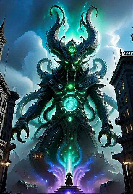 ulblackholetech, (masterpiece), best quality, centered, Ethereal, cyclopean cityscape amidst swirling clouds of iridescent mist, illuminated by an otherworldly glow emanating from the Elder God’s colossal, twisted form. Depict the deity’s massive, serpentine body coiled around a central spire, its eyes blazing with an eldritch green fire. The city’s architecture should blend ancient, mystical styles with futuristic, biomechanical elements, as if the Elder God’s influence has warped the very fabric of reality. Incorporate subtle, pulsing tendrils of energy connecting the deity to the city’s structures, hinting at its omnipresent, manipulative power. Color palette: muted, earthy tones with bursts of neon blue and green, evoking an sense of foreboding and cosmic horror steampunk clockwork monster, inspired in cosmic horror, (epic composition, epic proportion), intricate, professional work, soft shadow, volumetric lighting,