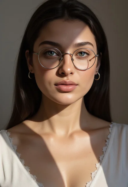 A hyper-realistic portrait. cinematic upper body photo, Dramatic Shadow with a Bold Look, A brunette woman, her hair neatly styled with subtle highlights that catch the light softly, beam of light on her, She wears round, silver-framed glasses perched elegantly on the bridge of her nose, excellent dynamic range, makeup, natural youthful glow. White modern clothes, straight white hair cascading down her shoulders, Her eyes are almond-shaped and striking blue ,accentuated by thick ,eyeliner. Her eyebrows are well-groomed,framing her eyes. approaching perfection, dynamic, highly detailed, smooth, sharp focus, intricate details, shallow depth of field, vignette, high budget, gorgeous, film grain, grainy,(skin texture:1.4)
Extreme emphasize on photorealistic, realistic detail, realistic reflection detail and realistic background detail. The atmosphere is one of tranquility and happiness, enhanced by the subtle interplay of light and shadow across the scene