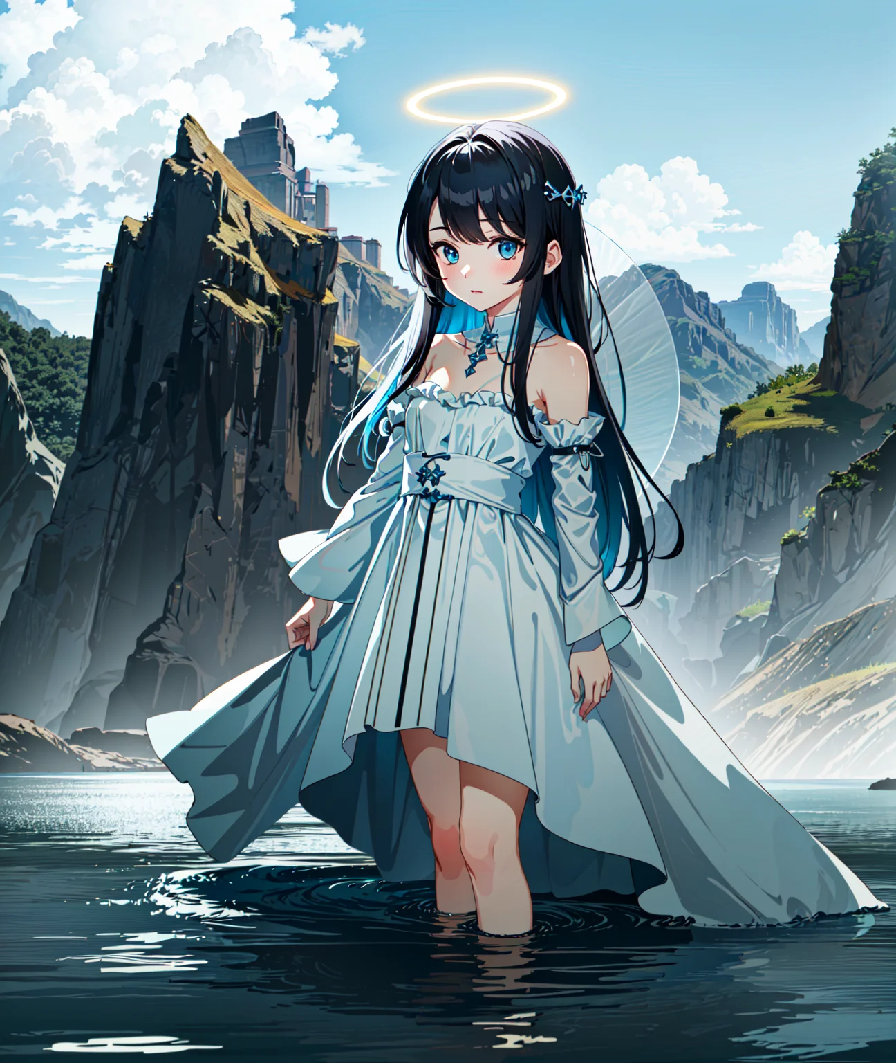 best quality, masterpiece, cinematic lighting, intricate, cinematic detailed realistic background, detailed face, full body, small breasts, ligne claire, detailed eyes, full body, highly detailed, vibrant colors, colorful, (chibi:1.1), realistic,

adorable cute smol 1girl, white cute dress, standing, wading, holy halo, smug, fantasy, fairy, descending heaven,