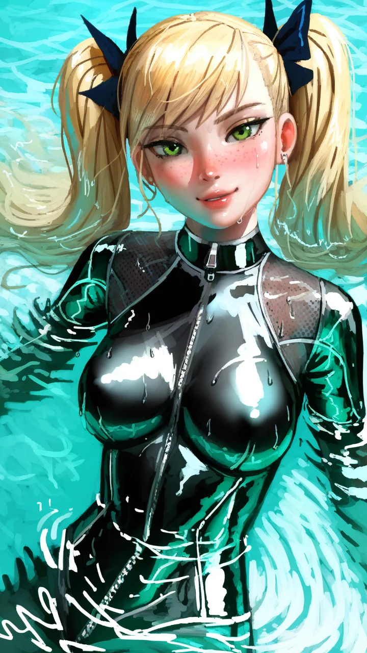 letsfinalanswer, Sinozick, BM94199, fiz-rot, wlopwangling, mossacannibalis, gabrielpicolo, samdoesarts, score_9, score_8_up, score_7_up, i want the whole image to be created in 3D anime style, 1girl, solo, long hair, breasts, looking at viewer, blush, bangs, blonde hair, twintails, medium breasts, green eyes, upper body, shiny, water, lips, wet, bodysuit, skin tight, partially submerged, freckles, takamaki anne
