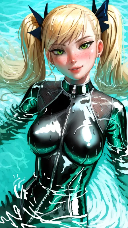 letsfinalanswer, Sinozick, BM94199, fiz-rot, wlopwangling, mossacannibalis, gabrielpicolo, samdoesarts, score_9, score_8_up, score_7_up, i want the whole image to be created in 3D anime style, 1girl, solo, long hair, breasts, looking at viewer, blush, bangs, blonde hair, twintails, medium breasts, green eyes, upper body, shiny, water, lips, wet, bodysuit, skin tight, partially submerged, freckles, takamaki anne
