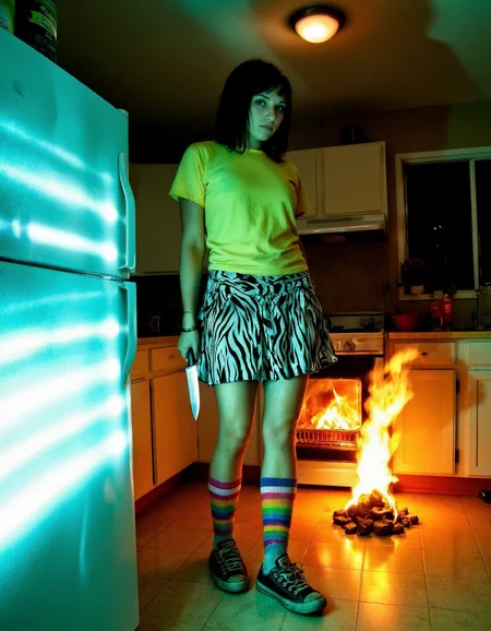 <lora:concept_photography_v3(neon_darkness):.9> A stylized, wide-angle photograph of a woman standing in the middle of a small suburban kitchen. She wears a white-and-black zebra-striped skirt, rainbow striped socks, worn-out sneakers, and a yellow t-shirt. Her expression is tired and unimpressed, holding a large kitchen knife at her side. The oven behind her is visibly on fire, and a small pile of rocks on the floor is inexplicably burning with open flames. To the left, the refrigerator door glows with surreal neon light trails and striped beams of light. The lighting is stark and cinematic, casting sharp shadows, with a slight green-blue cast from the fridge light and warm orange tones from the fire, giving the scene a dreamlike chaos.