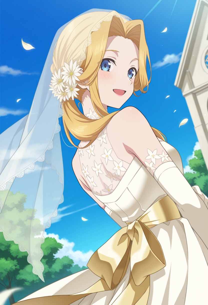church, outdoor, trees, floating petals,
BREAK,
open smile, blush, 
cowboy shot, dynamic angle, from behind,
BREAK,
<lora:minti_illustriousXL_v04:0.95>
mintrnd, ponytail, ponytail over shoulder, parted bangs, blonde hair, blue eyes, long hair, bridal veil, hair flower, 
mintwed, wedding dress, yellow dress, elbow gloves, yellow gloves, long dress,, source_anime, very aesthetic, anime coloring, masterpiece, 
best quality, amazing quality, ultra detailed, very aesthetic, 
detailed background, 
BREAK,
