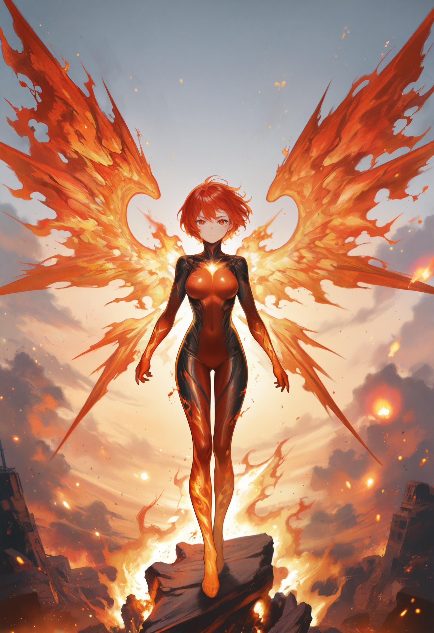 1girl, solo, breasts, looking at viewer, short hair, red eyes, standing, full body, wings, sky, bodysuit, fire, red wings, embers, fiery wings
