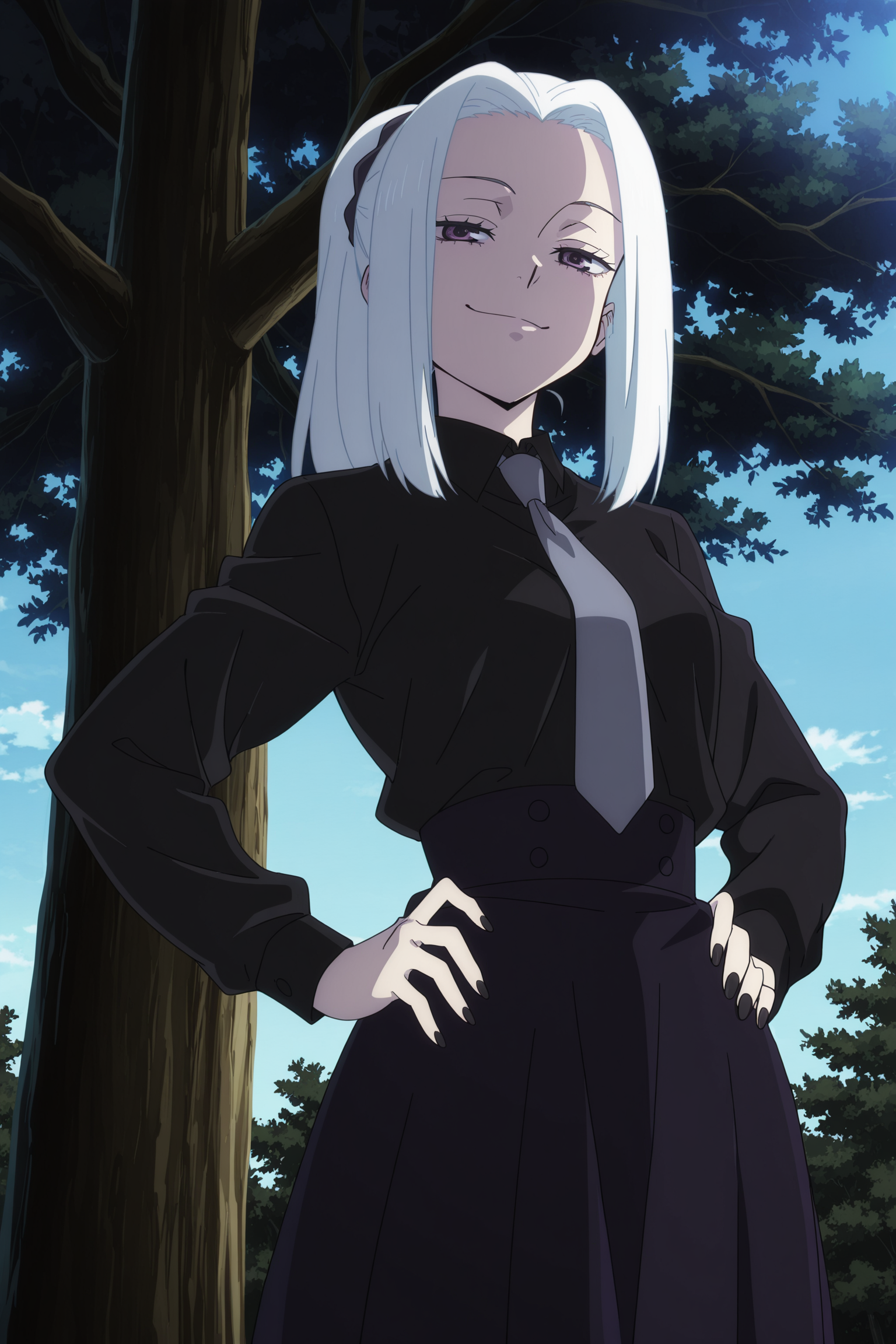 anime screencap, anime coloring, detailed face, masterpiece, best quality, very aesthetic, absurdres,, volumetric lighting, official style, amazing quality, ultra detailed,  highres, amazing quality, scenery, beautiful detailed hair, beautiful detailed eyes, (defined fingers, five fingers),
 <lora:Mei_Mei_and_Ui_Ui_Jujutsu_Kaisen:1>
outdoors, tree, blue sky,
Me Mei Hidden Inventory Premature Death appearance, Mei Mei (character), 1girl, solo, necktie, shirt, grey necktie, skirt, white hair, dark purple eyes, black shirt, both hands on own hip, black nails, cowboy shot, smug smile, ponytail, low angle