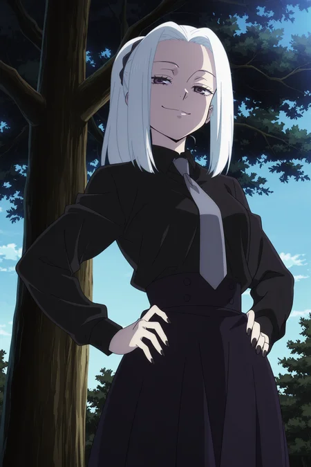 anime screencap, anime coloring, detailed face, masterpiece, best quality, very aesthetic, absurdres,, volumetric lighting, official style, amazing quality, ultra detailed, highres, amazing quality, scenery, beautiful detailed hair, beautiful detailed eyes, (defined fingers, five fingers),
<lora:Mei_Mei_and_Ui_Ui_Jujutsu_Kaisen:1>
outdoors, tree, blue sky,
Me Mei Hidden Inventory Premature Death appearance, Mei Mei (character), 1girl, solo, necktie, shirt, grey necktie, skirt, white hair, dark purple eyes, black shirt, both hands on own hip, black nails, cowboy shot, smug smile, ponytail, low angle