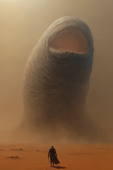 (concept art:1.1) (Wayne Barlowe style:1.5) a arrakis (sandworm monster:1.2)(professional artwork) dust floating, (desert sand) <lora:wzdry-c40-nr128-a16-1e4-sdxl1:0.8> wzdry poster