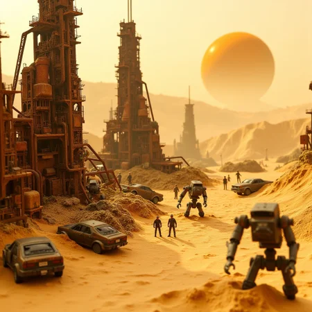 microworldlora.
Image of a detailed miniature scene of a sun-scorched desert wasteland, where shifting dunes of golden sand engulf the twisted remains of a modern city. Rusted skeletons of skyscrapers rise crookedly from the ground, their metal frames bent and collapsing under the weight of time. Near the base of the ruins, abandoned vehicles are half-buried in the sand, their glass shattered and frames corroded. A few tiny scavengers in tattered clothing sift through the debris, looking for valuable scraps, while a lone, rusting robot stands sentinel, partially sunken in the sand. The sky is a pale yellow, with a massive sun hanging low, casting long, harsh shadows. In the distance, a dust storm brews, slowly swallowing the horizon in an ominous cloud of sand and destruction.
