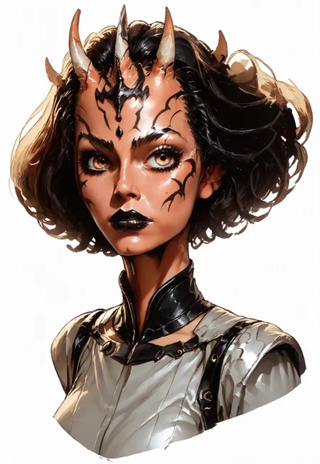 (score_9, score_8_up), score_7_up, source_anime, novuschroma43 style, female Dathomirian Zabrak alien wearing jedi robes over heavy armor, many small white horns, t4s14, conceptart,multiple views,white background,simple background