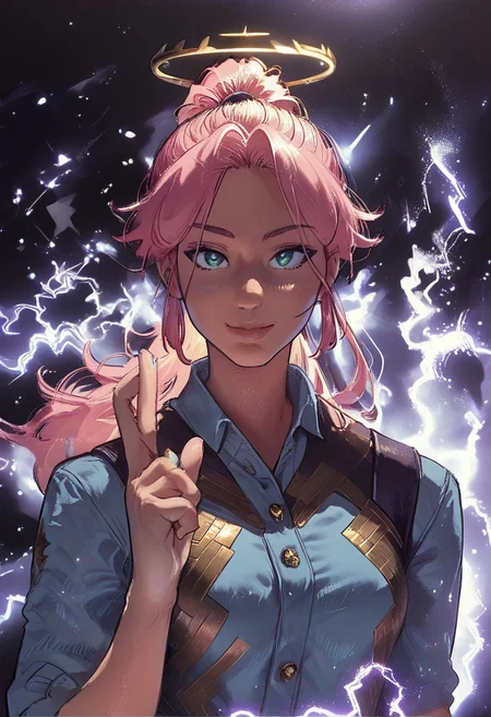 score_8_up, score_7_up, score_6_up, score_5_up, ((adult, cinematic: 1.2, dark theme, full body shot), dramatic lighting, infinity, universe, halo, 1girl, tanlines, straight bang, ponytail, cotton vest, blue shirt with twitter icon, (muryokusho:1.2, blue electricity, halo, unimaginable power, universal background, slight smile: 0.7), light pink blue green, (masterpiece))