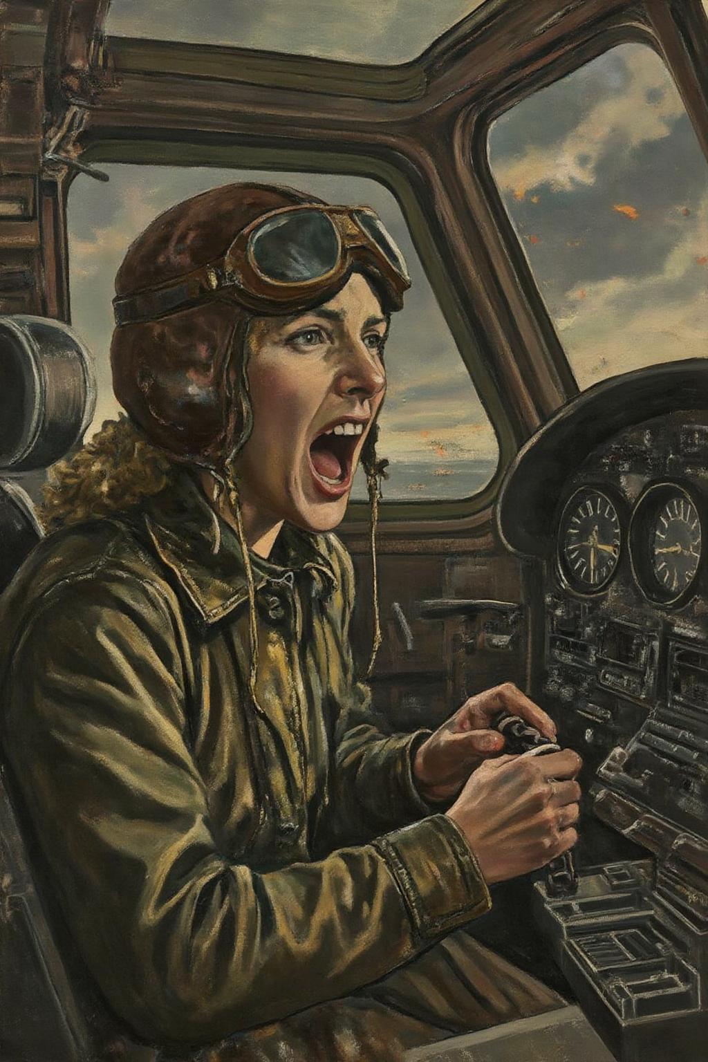 ethelleontinegabain1 painting.
 A female pilot screaming inside the cockpit of a World War II bomber. The pilot, wearing a vintage leather flight helmet with goggles and a bomber jacket, grips the controls with white-knuckled hands. Her face is contorted in a mix of fear and determination as she yells, her eyes wide with adrenaline. The cockpit is cramped and filled with old-fashioned dials and gauges, with the outside view showing dark stormy clouds and distant anti-aircraft fire  <lora:ethelleontinegabain1_cap_d8a4:1.0><lora:862160413733701371:0>