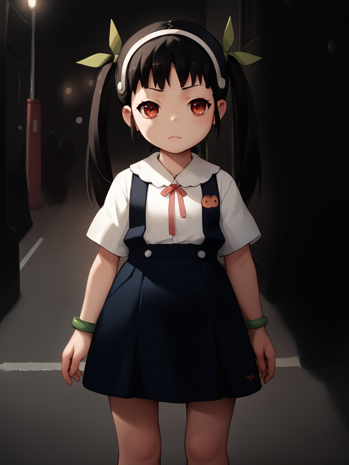 score_9, score_8_up, nsfw, score_7_up, <lora:hachikujimayoi:0.9> hachikuji mayoi,red eyes,black hair,twintails,bracelet,, standing, streets, moonlight,  <lora:Kevab:0.9>