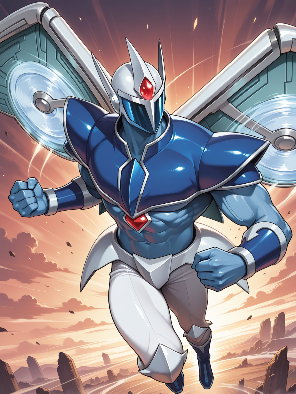 1boy,elemental hero stratos,solo,male focus,clenched hands,abs,tokusatsu,no humans,muscular male,covered face,white helmet,blue full bodysuit,blue shoulder armor,white mechanical wings,blue vambraces,white pants,blue boots,white armored skirt,wind,flying,looking to the side,glowing gem,
masterpiece,best quality,amazing quality,very aesthetic,absurdres,newest,<lora:Elemental HERO Stratos illuXL v1:0.73>,