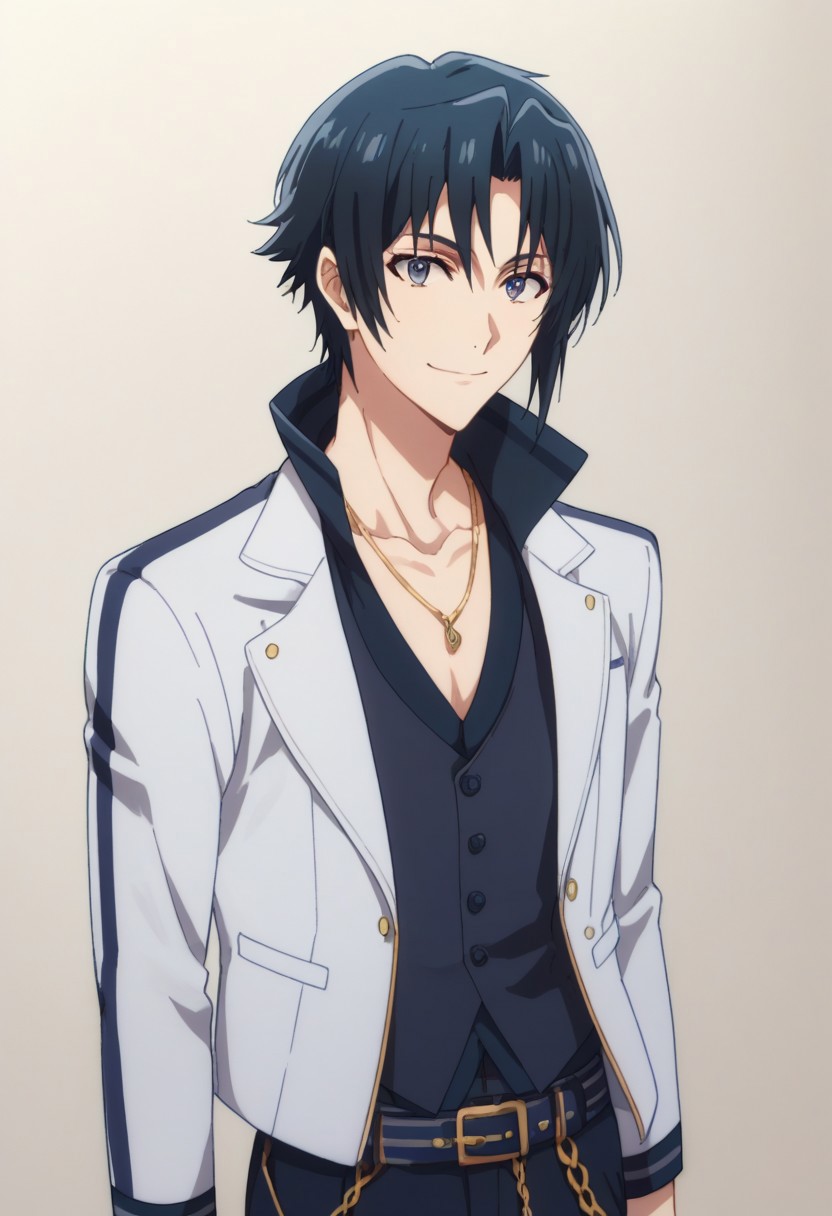 score_9, score_8_up, score_7_up, source_anime, highly detailed, 
iorizumi, 1boy, male focus, black hair, jacket, jewelry, necklace, upper body, pants, belt, idol uniform, looking at viewer, smile